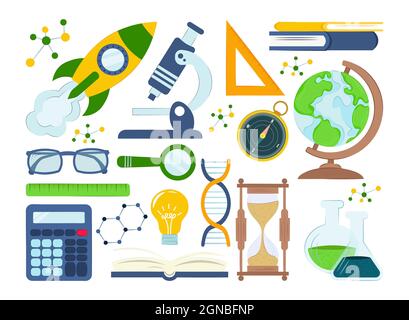 set of subjects of science theme, objects and symbols. Set Pictogram for web. Sience symbols isolated on white background. Vector eps10 Stock Vector