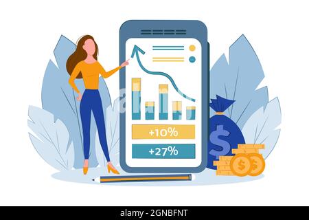 internet investments, work on the internet, profit income, financial services online, managing financial chart. Vector illustration in flat style. Stock Vector