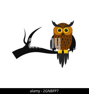 Halloween night. Vector illustration for the October holiday. Owl on a branch isolated on a white background. Stock Vector