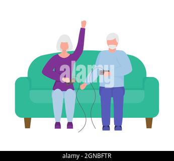 senior citizens playing video game holding joysticks. rest for the elderly. an elderly man and an elderly woman are playing a video game. elderly peop Stock Vector