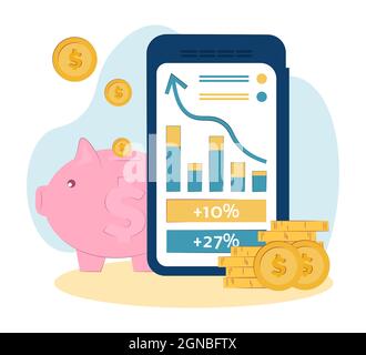 internet investments, work on the internet, profit income, financial services online, managing financial chart. Vector illustration in flat style. Stock Vector