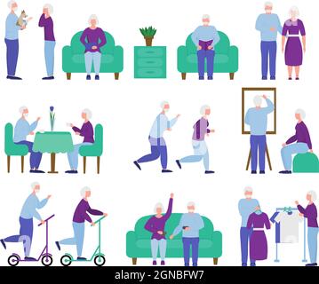 set of active retirees. elderly couples shopping, jogging and shopping. active pastime of the elderly. old people and their hobbies. Stock Vector