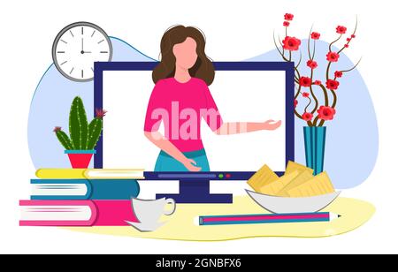 flat composition education web seminar, professional personal teacher service set. Online education on the Internet. Stock Vector