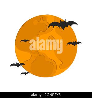 yellow moon with bats isolated on white background. Vector flat illustration. halloween element illustration. Stock Vector