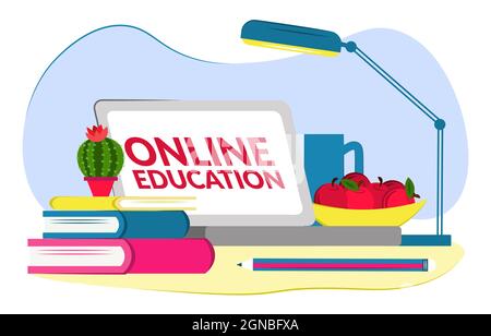 flat composition education web seminar. Online education on the Internet.Open laptop, books, pencil, apples in a plate, lamp. Stock Vector