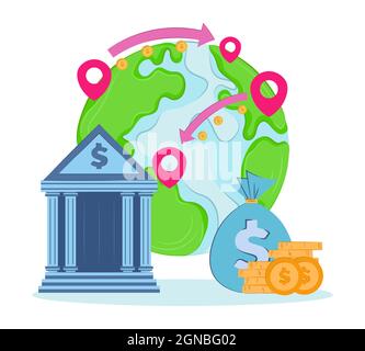 Fast money transfers around the world. Vector flat illustration. Worldwide transfer of Bank funds. Cash transactions. Stock Vector