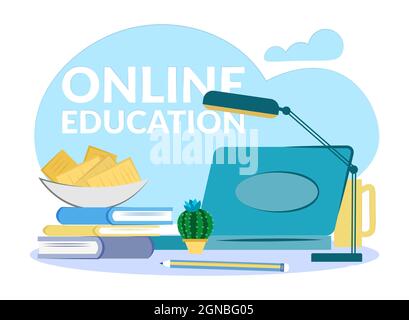 flat composition education web seminar. Online education on the Internet.Open laptop, books, pencil, apples in a plate, lamp. Stock Vector
