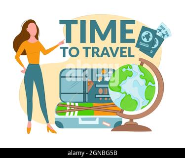 composition time to travel. The girl offers to travel. Items symbolizing travel, a globe, a suitcase with things and tickets. Stock Vector