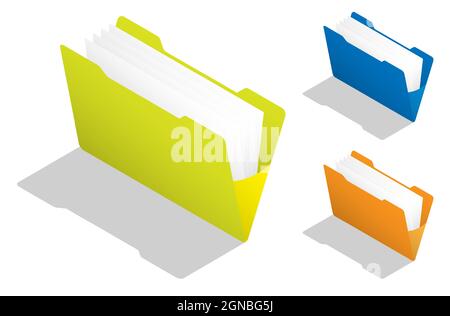 isometric Open yellow folder with documents. Empty filled. Remove paper sheet from the folder. Realistic 3D vector isolated on white background Stock Vector