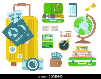 Collection of tourism, travel abroad, summer vacation trip design elements isolated on white background. Flat colorful vector illustration. set of ite Stock Vector