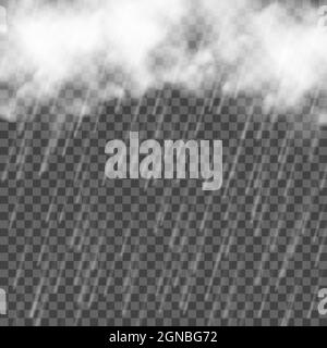 Rain with clouds. Falling water drops. Vector realistic storm on transarent background Stock Vector