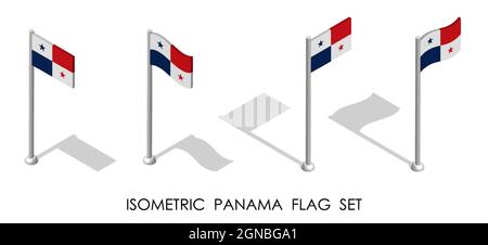 isometric flag of PANAMA in static position and in motion on flagpole. 3d vector Stock Vector