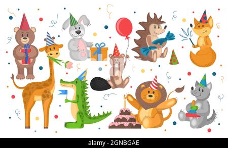 set of wild animals celebrate birthday. cute cartoon animals in flat style. vector illustration isolated on white background. party of animals in cone Stock Vector