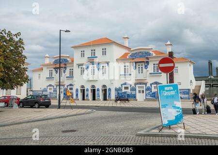 The old train station of Aveiro, decorated with azulejos, blue tiling depicting local scenes, Aveiro Portugal. Stock Photo