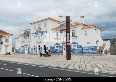 The old train station of Aveiro, decorated with azulejos, blue tiling depicting local scenes, Aveiro Portugal. Stock Photo