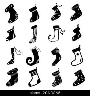 Santa Socks illustration graphic design element set. Black Xmas sock gift present footwear. Calligraphy winter feet clothes laces for children book Stock Photo