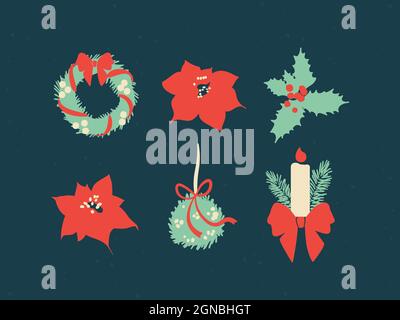 Set of Christmas elements. Poinsettia plants and flowers, holly berries, mistletoe with a red bow, a candle with fir branches and a bow. Vector Stock Vector