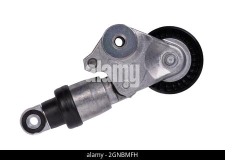 Alternator car belt tensioner roller for V-ribbed belt, engine part isolated on white background Stock Photo