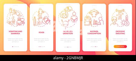 Dehydration causes red gradient onboarding mobile app page screen Stock Vector