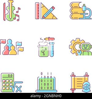 Different types of school subjects RGB color icons set Stock Vector
