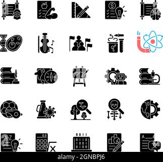 School subjects black glyph icons set on white space Stock Vector