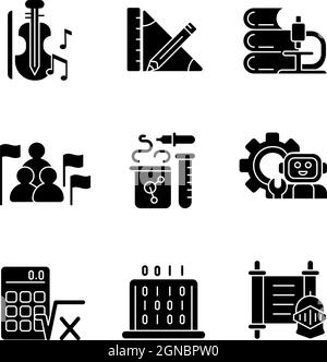 Different types of school subjects black glyph icons set on white space Stock Vector