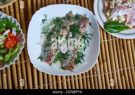 Acciughe al verde - anchovies with green sauce  from Piedmont. Stock Photo