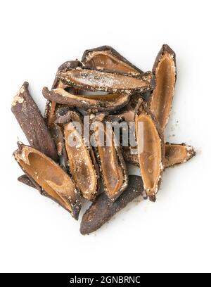 sun dried salted raw mangoes, preserved slices of fruit free from moisture, isolated on white background Stock Photo