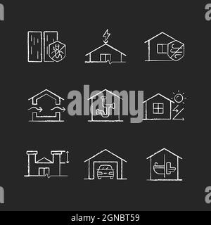 Home building standards chalk white icons set on dark background Stock Vector