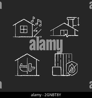 Home construction safety chalk white icons set on dark background Stock Vector