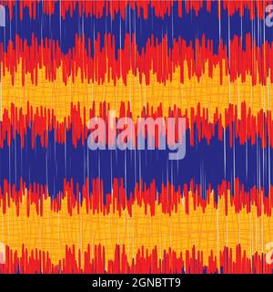 Shibori style striped vector seamless vector pattern background. Horizontal scribble stripes in neon orange indigo red with burlap texture. Simulated Stock Vector