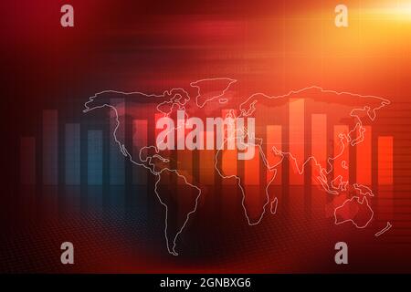 Economic stock market report red theme background, graphical income results in front of world map. Stock Photo