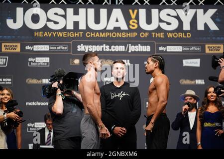 Callum Smith (left) and Lenin Castillo during a weigh in at The O2 ...