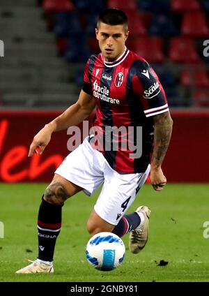 BOLOGNA, ITALY - SEPTEMBER 21: Kevin Bonifazi of Bologna FC in action ,during the Serie A match between Bologna FC v Genoa CFC at Stadio Renato Dall'Ara on September 21, 2021 in Bologna, Italy. (Photo by MB Media) Stock Photo