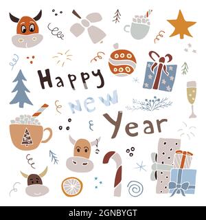 Hand drawn creative new year design set. Doodle style vector illustration for graphic and web design Stock Vector