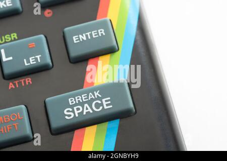 Sinclair ZX Spectrum keyboard close-up. Focus on Basic BREAK SPACE command key. Vintage 8-bit home computer from 1980s (see Notes). Stock Photo