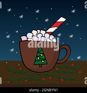 Hand-drawn cup of cocoa and marshmallows. Doodle style vector illustration. Design element for postcards, invitations or oher graphic and web design. Stock Vector