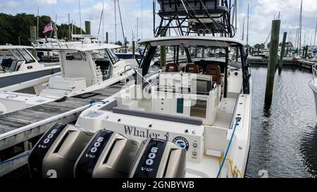 NORWALK, CT, USA - SEPTEMBER 23, 2021:   Whaler boat displayed at Progressive Norwalk Boat Show September 23-26 2021 Stock Photo