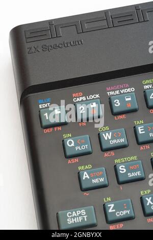 Sinclair ZX Spectrum keyboard close-up. Focus on Basic command keys mid-image. Vintage 8-bit home computer from 1980s (see Notes). Stock Photo