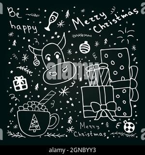 Hand drawn Christmas design set. Doodle style vector elements isolated on dark background. Stock Vector
