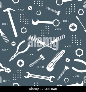 Vector seamless pattern Illustration Construction tools. Repair background. Pliers for gripping, manipulating, wrench, screwdriver, bolt, washer, nut, Stock Vector