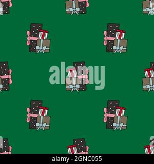 Seamless pattern with hand drawn gift boxes. Doodle style vector textures on colored background. For wallpaper, packaging, posters, cards or other des Stock Vector
