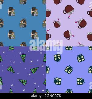 Hand drawn seamless patterns collection. Vector new year textures isolated on colored background. For wallpaper, packaging, posters, cards or other de Stock Vector