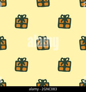 Seamless pattern with hand drawn gift box. Doodle style vector textures on colored background. For wallpaper, packaging, posters, cards or other desig Stock Vector