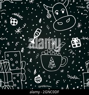 Seamless pattern with hand drawn christmas illustrations. Doodle style vector textures on dark background. For wallpaper, packaging, posters, cards or Stock Vector
