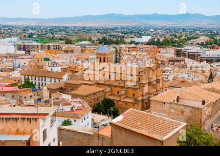 aerial view of the old town of Lorca, in the Region of Murcia, Spain, highlighting the tiled dome of the Colegiata de San Patricio, the collegiate chu Stock Photo