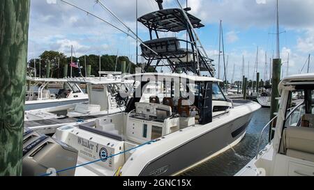 NORWALK, CT, USA - SEPTEMBER 23, 2021:   Whaler boat displayed at Progressive Norwalk Boat Show September 23-26 2021 Stock Photo