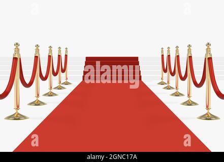 Red carpet on stairs with red ropes on golden stanchions Stock Vector