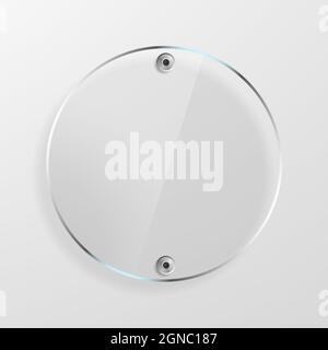 Transparent round glass plate. See through plastic banner with reflection, mounts and shadow on grey background. Vector illustration Stock Vector