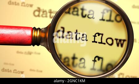 Data flow and a magnifying glass on English word Data flow to symbolize studying, examining or searching for an explanation and answers related to a c Stock Photo